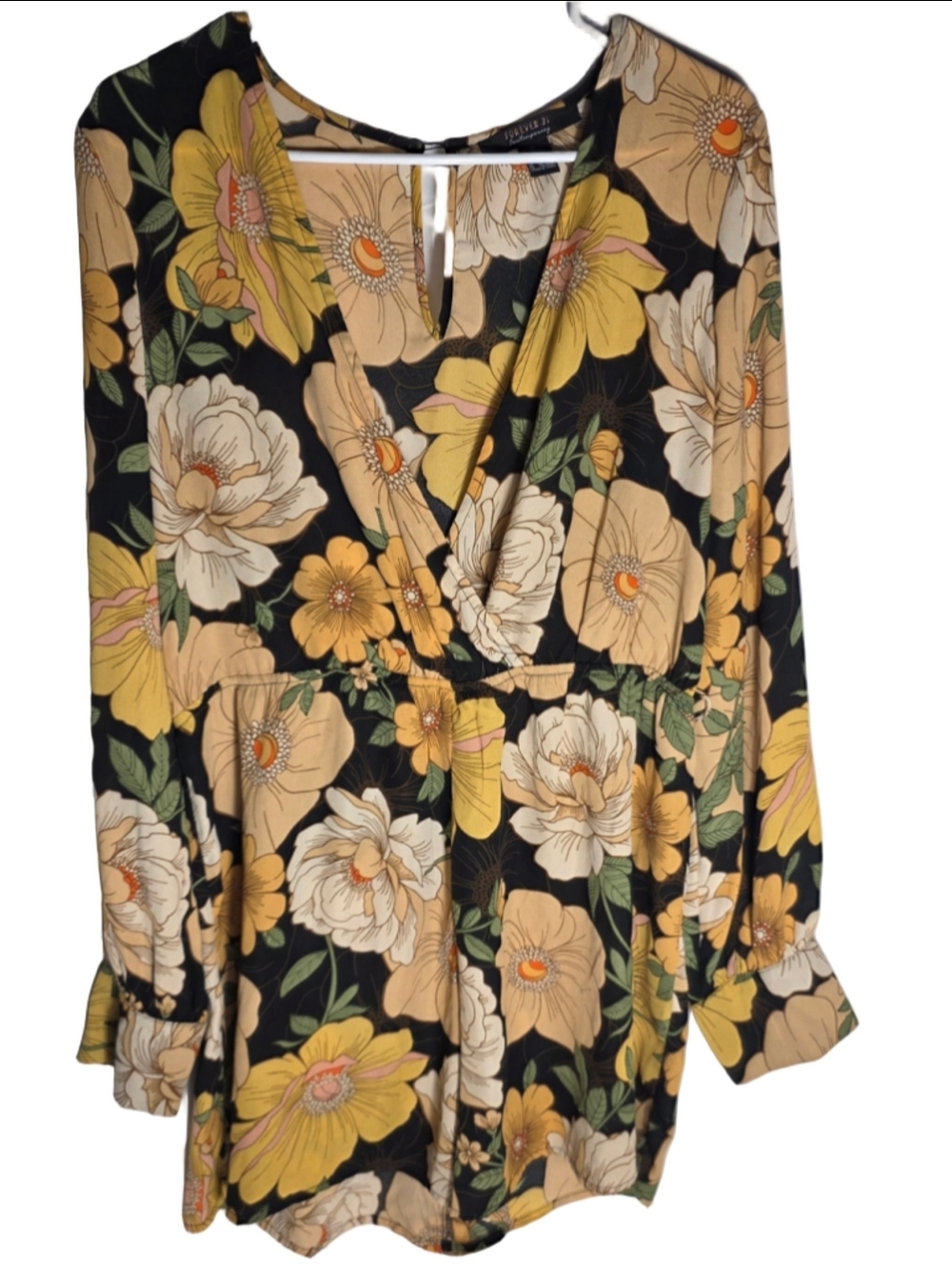 Women's Forever 21 Floral Long Sleeve Dress XL Black Yellow boho cottagecore